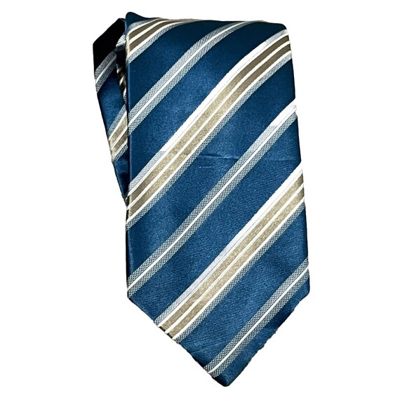 Geoffrey‎ Beene Tie 100% Silk Diagonal Stripe Blue Gold Silver Designer Wedding - Picture 1 of 3